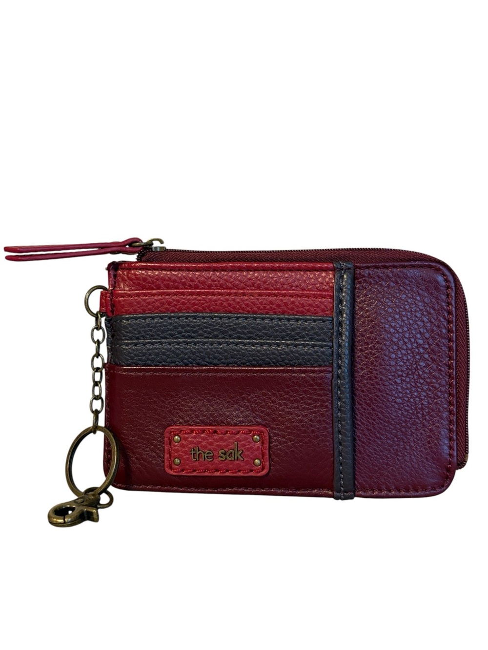 The Sak Iris Leather Card Wallet Keychain Multi-Red Grey Block Excellent